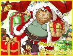  2022 anthro belly big_belly christmas christmas_clothing christmas_headwear clothing eyes_closed felid gift hat headgear headwear holidays kemono lion male mammal moobs okudami overweight overweight_male pantherine santa_claus santa_hat sitting solo 