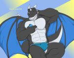  abs absurd_res anthro black_body black_scale black_skin blue_clothing blue_eyes blue_underwear blue_wings bulge clothed clothing condom dargor dragon gunt_painter hand_behind_neck hand_on_neck hi_res holding_condom holding_object horn looking_at_viewer male muscular muscular_anthro muscular_male one_eye_closed partially_clothed pecs rashkar scalie sexual_barrier_device simple_background sitting smile solo spikes underwear western_dragon white_body white_skin wings wink winking_at_viewer 