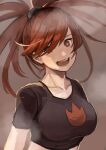  1girl :d bangs breasts brown_eyes collarbone crop_top flannery_(pokemon) grey_background highres kmusy_mp4 long_hair looking_at_viewer medium_breasts open_mouth pokemon pokemon_(game) pokemon_rse ponytail red_hair shiny shiny_hair short_sleeves smile solo swept_bangs upper_body 