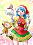  2girls armor baking blonde_hair blue_hair cake chibi dress food fruit gift haniyasushin_keiki hat japanese_armor joutouguu_mayumi kousei_(public_planet) multiple_girls red_dress santa_hat shirt short_sleeves smile star_(symbol) strawberry touhou whisk white_eyes yellow_shirt 