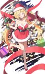 1girl ;p absurdres aki_rosenthal alcohol bare_shoulders belt blonde_hair blue_eyes bottle breasts choker christmas christmas_present cleavage cup detached_hair dress drinking_glass gift hat high_heels highres hololive large_breasts one_eye_closed red_dress red_footwear red_ribbon red_wine ribbon santa_dress santa_hat solo standing standing_on_one_leg tongue tongue_out twin_(tt_lsh) twintails virtual_youtuber wine wine_bottle wine_glass 