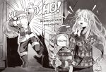  1boy 2girls beatrice_(re:zero) christmas deer_antlers drill_hair emilia_(re:zero) english_text flower hair_flower hair_ornament hat highres indoors long_hair marggri monochrome multiple_girls natsuki_subaru re:zero_kara_hajimeru_isekai_seikatsu santa_costume santa_hat sidelocks sweater symbol-shaped_pupils twin_drills 