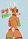  anthro antlers anus balls bell blush butt capreoline christmas christmas_clothing clothing deer deerest_stag digital_media_(artwork) fur genitals hair hi_res holidays horn jingle_bell legwear looking_at_viewer looking_back male mammal nude reindeer rudolph_the_red-nosed_reindeer simple_background smile solo solo_focus stockings text 