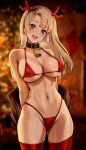  1girl absurdres antlers arms_behind_back ass_visible_through_thighs bell bikini blonde_hair blush breasts choker cleavage covered_nipples cowbell foxyreine highres large_breasts looking_at_viewer merry_christmas mole mole_under_eye navel neck_bell purple_eyes red_bikini red_thighhighs reindeer_antlers santa_bikini sasha_(foxyreine) skindentation smile solo swimsuit teeth thighhighs thighs thong_bikini upper_teeth_only 