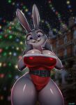  absurd_res anthro big_breasts breasts christmas christmas_tree cleavage clothed clothing disney female hi_res holidays judy_hopps lagomorph leporid mammal mr_dark_and plant rabbit solo thick_thighs tree zootopia 
