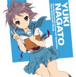  1girl album_cover blue_sailor_collar blue_skirt book brown_eyes cover falling h highres kita_high_school_uniform nagato_yuki nishiya_futoshi official_art purple_hair sailor_collar school_uniform serafuku short_hair skirt solo suzumiya_haruhi_no_yuuutsu v white_background 