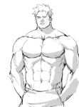  1boy abs bara beard boku_no_hero_academia endeavor_(boku_no_hero_academia) facial_hair hands_in_pocket highres looking_at_viewer male_focus mature_male muscular muscular_male parted_lips pectorals scar scar_on_face short_hair sketch solo standing stubble topless_male u2suke upper_body 