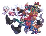  absurdres alternate_costume antlers boots bow cubot dr._eggman dress evan_stanley facial_hair fake_antlers flying glasses highres holding holding_sack metal_sonic mustache orbot red_bow red_eyes reindeer_antlers robot sack sage_(sonic) santa_costume simple_background smile sonic_(series) 