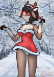  absurd_res albinoraynedeer capreoline christmas christmas_clothing christmas_dress clothing deer dress female genitals glowing glowing_nose hi_res holidays jingle_bell_collar mammal minerva_(waimix) pussy reindeer_antlers sad_cat_dance snow white-tailed_deer 