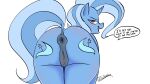  2020 absurd_res animal_genitalia animal_pussy anus big_butt blue_body blue_ears blue_hair blue_horn blue_skin blue_tail blush butt cutie_mark dialogue digital_drawing_(artwork) digital_media_(artwork) dock elewdfurs english_text equid equine equine_anus equine_pussy female feral friendship_is_magic genitals hair hasbro hi_res horn horse looking_at_viewer looking_back looking_back_at_viewer mammal multicolored_hair my_little_pony nude nude_female open_mouth pony purple_eyes pussy quadruped raised_tail rear_view signature simple_background solo speech_bubble text trixie_(mlp) two_tone_hair two_tone_tail unicorn white_background 