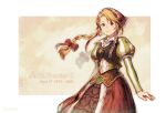  1girl artist_name blonde_hair bonnet braid closed_mouth copyright_name cordelia_(saga) cotelier dated dress head_scarf highres long_hair looking_at_viewer puffy_sleeves saga saga_frontier_2 smile solo striped twin_braids 