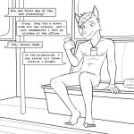  anthro black_and_white canid canine cellphone comic english_text fuze hi_res holding_cellphone holding_object holding_phone lanyard male mammal monochrome navel nipples nude phone public public_nudity public_transportation sitting solo text text_message train vehicle 