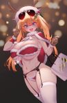  1girl absurdres bikini blue_eyes breasts brown_gloves capelet eonsang eyewear_on_head garter_belt girls&#039;_frontline gloves hair_between_eyes hat highres kalina_(girls&#039;_frontline) large_breasts long_hair looking_at_viewer navel open_mouth orange_hair red_capelet red_headwear santa_bikini santa_hat skindentation smile solo sunglasses swimsuit thighhighs twintails v white_thighhighs 