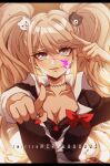  1girl bangs bear_hair_ornament black_shirt blood blood_on_face bow breasts cleavage criis-chan danganronpa:_trigger_happy_havoc danganronpa_(series) enoshima_junko hair_ornament large_breasts long_hair looking_at_viewer necktie pink_blood pointing pointing_at_viewer red_bow shiny shiny_hair shirt smile solo twintails twitter_username upper_body very_long_hair 
