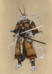  absurd_res anthro armor asian_clothing barefoot chinese_clothing clothed clothing domestic_cat east_asian_clothing feet felid feline felis fully_clothed fur hat headgear headwear hi_res jian looking_at_viewer male mammal melee_weapon muyang_fort solo sword warrior weapon white_body white_fur 