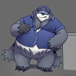  anthro belly black_body blue_clothing clothing dark_body dark_fur dress_shirt fur generation_6_pokemon hat headgear headwear hi_res leaf male nintendo overweight pangoro pokemon pokemon_(species) runxforest scratching shirt simple_background solo topwear video_games white_body white_fur 