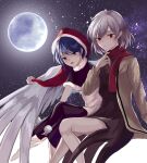  2girls absurdres black_capelet braid brown_jacket capelet closed_mouth commentary doremy_sweet dress french_braid full_moon grey_hair hat highres jacket kishin_sagume looking_at_viewer lucky_chicken moon multiple_girls nightcap outdoors pom_pom_(clothes) purple_dress red_eyes red_headwear red_scarf scarf short_hair single_wing sky socks star_(sky) starry_sky symbol-only_commentary touhou white_socks white_wings wings 
