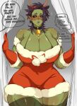  1girl absurdres antlers bangs bell blush breasts christmas cleavage colored_skin dress english_text female_orc fur-trimmed_dress fur_trim green_skin highres large_breasts looking_at_viewer neck_bell orc original picco pointy_ears red_dress reindeer_antlers santa_costume santa_dress scar scar_on_face solo sweat thighhighs tusks 