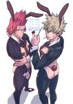  2boys absurdres anger_vein angry animal_ears ass bakugou_katsuki black_male_underwear blonde_hair boku_no_hero_academia covered_nipples food food_in_mouth high_heels highres holding holding_food holding_pocky kirishima_eijirou large_pectorals male_focus male_playboy_bunny male_underwear middle_finger multiple_boys muscular muscular_male navel necktie pectorals pocky pocky_day pocky_in_mouth rabbit_ears rabbit_tail red_eyes red_hair short_hair souta_(souta440) spiked_hair tail thick_thighs thighs thong underwear wrist_cuffs 