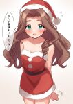  1girl arms_behind_back bangs bare_shoulders blush breasts brown_hair cleavage collarbone dress forehead hat highres idolmaster idolmaster_cinderella_girls kahiika kusakabe_wakaba looking_at_viewer parted_bangs red_dress red_headwear santa_costume santa_hat small_breasts smile solo speech_bubble strapless strapless_dress thick_eyebrows translation_request wavy_hair 