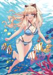  1girl :d absurdres aqua_bikini bangs barefoot bikini black_bow blonde_hair blue_eyes blunt_bangs bow breasts cleavage commentary_request elf feng_shao_kky_(arj0522) fish flower full_body hair_bow hair_flower hair_ornament highres large_breasts long_hair looking_at_viewer navel official_alternate_costume pointy_ears ponytail princess_connect! saren_(princess_connect!) saren_(summer)_(princess_connect!) smile solo swimsuit underwater 