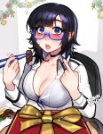  1girl :o bangs black_choker black_hair blue-framed_eyewear blue_nails blushyspicy breasts choker cleavage commentary earrings glasses highres incoming_gift jewelry large_breasts looking_at_viewer mole mole_under_eye nail_polish original pointy_ears shirt solo_focus upper_body vampire_secretary_(blushypixy) white_shirt 