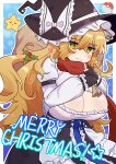  1girl absurdres bangs black_gloves black_skirt blonde_hair blue_ribbon blush bow breasts christmas cleavage cleavage_cutout closed_mouth clothing_cutout commentary_request cookie_(touhou) cowboy_shot frilled_shirt frills gloves hair_between_eyes hat hat_bow highres holding holding_sack huge_breasts inabahitomi kirisame_marisa long_hair looking_at_viewer mars_(cookie) merry_christmas messy_hair partially_fingerless_gloves poke_ball pokemon red_scarf rei_no_himo ribbon sack scarf shirt skirt smile solo star_(symbol) suzu_(cookie) touhou very_long_hair white_bow white_shirt witch_hat yellow_eyes 