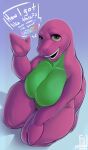  absurd_res anthro barely_visible_genitalia barely_visible_pussy barney_and_friends barney_the_dinosaur big_breasts breasts cjfurs curvy_figure dialogue dinosaur eyelashes featureless_breasts female genitals hi_res kneeling open_mouth pussy reptile scalie smile solo thick_thighs voluptuous wide_hips 