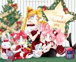  2022 3girls bishoujo_senshi_sailor_moon capelet chibi_chibi chibi_usa christmas christmas_stocking christmas_tree dress gift highres luna_(sailor_moon) merry_christmas multiple_girls pantyhose plaid plaid_dress puffy_short_sleeves puffy_sleeves red_dress red_socks sarashina_kau short_sleeves sleeveless socks stuffed_toy tsukino_usagi 