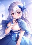  1girl animal bangs blue_capelet blue_dress blurry blurry_background breasts bug butterfly butterfly_hair_ornament capelet cleavage commentary depth_of_field dress fang frilled_dress frills grey_hair hair_between_eyes hair_ornament hand_up long_hair looking_at_viewer medium_breasts mitsuba_choco original parted_lips red_eyes solo symbol-only_commentary twitter_username very_long_hair window wrist_cuffs 