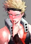  2boys absurdres bakugou_katsuki blonde_hair blush boku_no_hero_academia finger_to_another&#039;s_mouth grey_background highres kirishima_eijirou large_pectorals male_focus multiple_boys muscular muscular_male pectorals red_eyes sharp_teeth short_hair simple_background solo_focus souta_(souta440) spiked_hair teeth tongue tongue_out upper_body yaoi 