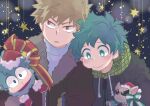  2boys animal animalization bakugou_katsuki blonde_hair blush boku_no_hero_academia bow bright_pupils brown_coat brown_dog chihuahua christmas closed_mouth clothed_animal coat commentary_request dog freckles green_bow green_eyes green_hair green_scarf hat head_on_another&#039;s_shoulder holding holding_animal kan_(k_mham1212) male_focus midoriya_izuku multiple_boys open_mouth red_bow red_eyes red_headwear santa_hat scarf sheep short_hair smile spiked_hair star_(symbol) upper_body white_pupils winter_clothes zipper 