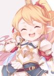  1girl :d ^_^ armor blonde_hair blush breastplate charlotta_(granblue_fantasy) closed_eyes commentary_request crown facing_viewer gauntlets granblue_fantasy grey_background harvin highres jingai_modoki long_hair open_mouth pointy_ears ponytail simple_background smile solo teeth twitter_username upper_teeth_only 