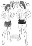  1boy abs absurdres age_comparison blush boku_no_hero_academia boxer_briefs greyscale highres kirishima_eijirou male_focus male_underwear monochrome navel nipples open_mouth scar scar_on_arm scar_on_face scar_on_forehead sharp_teeth short_hair smile souta_(souta440) spiked_hair teeth translation_request underwear 