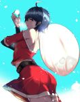  1girl ahoge arm_up ass back bangs bare_shoulders belt black_belt black_survival blue_eyes blue_hair breath commentary commentary_request dark_blue_hair gradient gradient_background highres holding holding_sack holding_snowball long_sleeves looking_at_viewer looking_back mametei midriff parted_lips sack santa_costume short_hair shoulder_blades silvia_piquet skirt snowball snowing solo 