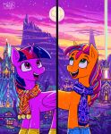  2022 building cloud digital_media_(artwork) duo equid equine female friendship_is_magic fur hasbro hi_res holidays horn horse jowybean mammal mlp_g5 moon mountain multicolored_body multicolored_fur my_little_pony open_mouth pony princess_twilight_sparkle_(mlp) scarf signature sky snow sunny_starscout_(mlp) unicorn winged_unicorn wings 