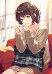  1girl :d bangs blush brown_dress brown_eyes brown_hair brown_sweater coffee_mug commentary_request couch cup curtains day dress english_text eyebrows_visible_through_hair haru_(hiyori-kohal) holding holding_cup indoors lens_flare long_sleeves looking_at_viewer mug on_couch open_mouth original pillow plaid short_hair sitting sleeves_past_wrists smile solo sweater sweater_dress window 