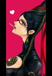  ai_kent bayonetta bayonetta_(character) beauty_mark black_eyes black_hair bodysuit breasts chains cleavage_cutout earrings female hair_bun jewelry long_hair mole red_ribbon ribbon solo very_long_hair 