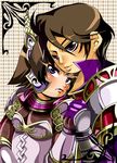  1boy 1girl armor brown_eyes brown_hair couple crown female hand_holding holding_hands male purple_eyes sengoku_musou sengoku_musou_3 short_hair silk_sheath tachibana_ginchiyo tachibana_muneshige 