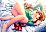  ass barefoot bed brown_hair dutch_angle feet female indoors ino ishikura_yumi legs long_hair midori_aoi nise_kyouso nomad open_mouth original panties pink_panties purple_eyes pussy_juice ribbon ribbons solo sweat underwear 