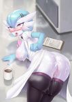  anus beverage blue_hair breasts clothed clothing coffee cum cum_in_ass cum_inside cum_on_breasts cum_on_face dr._voir english_text eyewear female gardevoir glasses hair hi_res humanoid lab_coat legwear lonelycross nintendo not_furry panties partially_clothed pink_eyes pok&eacute;mon pok&eacute;mon_(species) pussy shiny_pok&eacute;mon solo text thigh_highs underwear video_games 