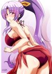  1girl ass bangs bikini blush border breasts hair_ribbon large_breasts long_hair looking_at_viewer looking_back midriff parted_bangs ponytail purple_background purple_eyes purple_hair red_bikini red_sarong ribbon sarong solo swimsuit tatsuya_(guild_plus) touhou watatsuki_no_yorihime white_border yellow_ribbon 