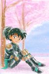  1boy against_tree blush cherry_blossoms cherry_tree highres inuyasha kohaku_(inuyasha) looking_at_viewer male male_focus open_mouth outdoors petals ponytail short_hair smile solo takenokoya tree 