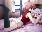  1girl aqua_eyes bed bed_sheet brown_hair curtains eating food footwear game_cg hell_guide indoors kiriyama_mai kneehighs lying m_no_violet pillow sheets short_hair socks solo window 