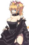  1girl bare_shoulders black_dress blonde_hair blue_eyes bowsette bracelet breasts cleavage collar crown dress earrings horns jewelry large_breasts legs long_hair mario_(series) nail_polish nakadori_(movgnsk) new_super_mario_bros._u_deluxe nintendo open_mouth pointy_ears ponytail spiked_bracelet spiked_collar spikes super_crown super_mario_bros. tail 