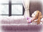  1girl bed bed_sheed bed_sheet blush brown_hair closed_eyes curtain curtains eyes_closed game_cg hell_guide indoors kawashima_hounami long_hair lying m_no_violet nature on_back pillow santa_maria santa_matsuri sleeping solo tree twintails window 