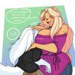  blonde_hair blush breast_smother breasts canid canine canis dialogue female hair hug jwinkz mammal smothering ursid white_hair wolf 