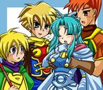  1girl 3boys blond_hair blonde_hair blush eyes_closed gerald_(golden_sun) golden_sun groping ivan_(golden_sun) mary_(golden_sun) multiple_boys open_mouth red_hair robin_(golden_sun) 