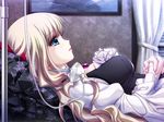  1girl blonde_hair blue_eyes breasts game_cg hell_guide indoors long_hair m_no_violet solo 