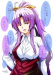  1girl ahoge bangs breasts large_breasts long_hair looking_at_viewer open_mouth parted_bangs ponytail purple_eyes purple_hair simple_background solo speech_bubble tatsuya_(guild_plus) touhou translation_request watatsuki_no_yorihime white_background 